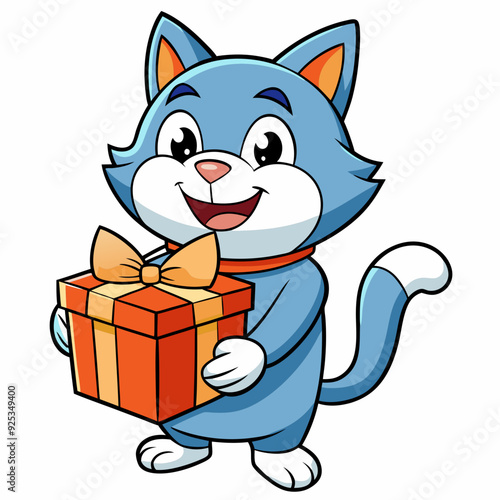 Smiling cat holding a small gift box  art vector illustration