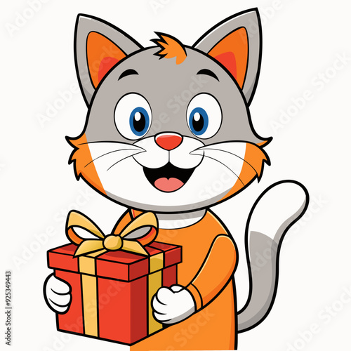 Smiling cat holding a small gift box  art vector illustration