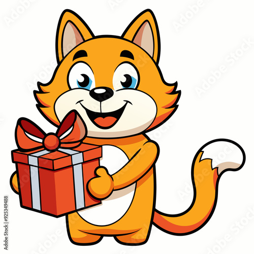 Smiling cat holding a small gift box  art vector illustration