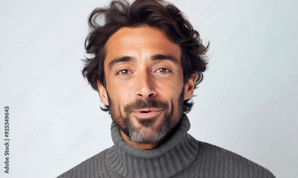 Portrait of a smiling man in sweater looking at camera over gray background Portrait of a smiling man in sweater looking at camera over gray background