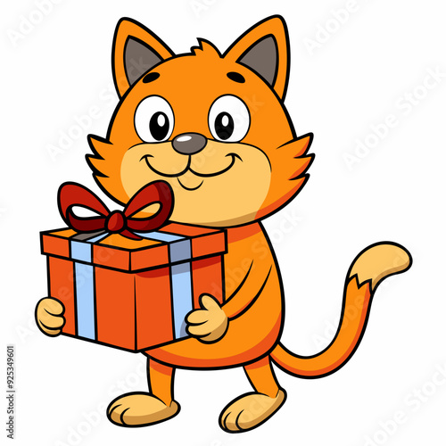 Smiling cat holding a small gift box  art vector illustration