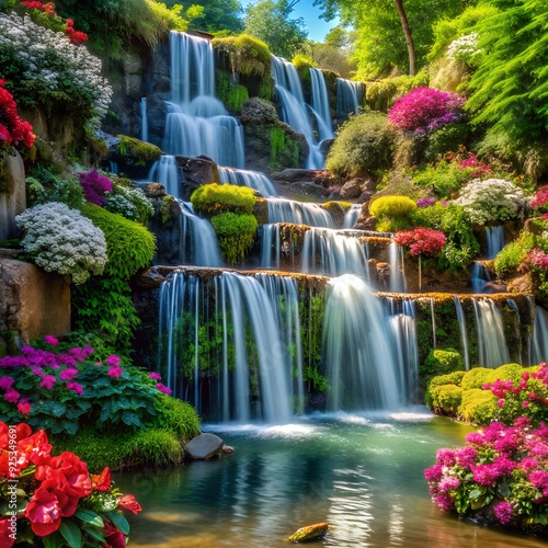 A cascading waterfall surrounded by lush greenery and colorful flowers