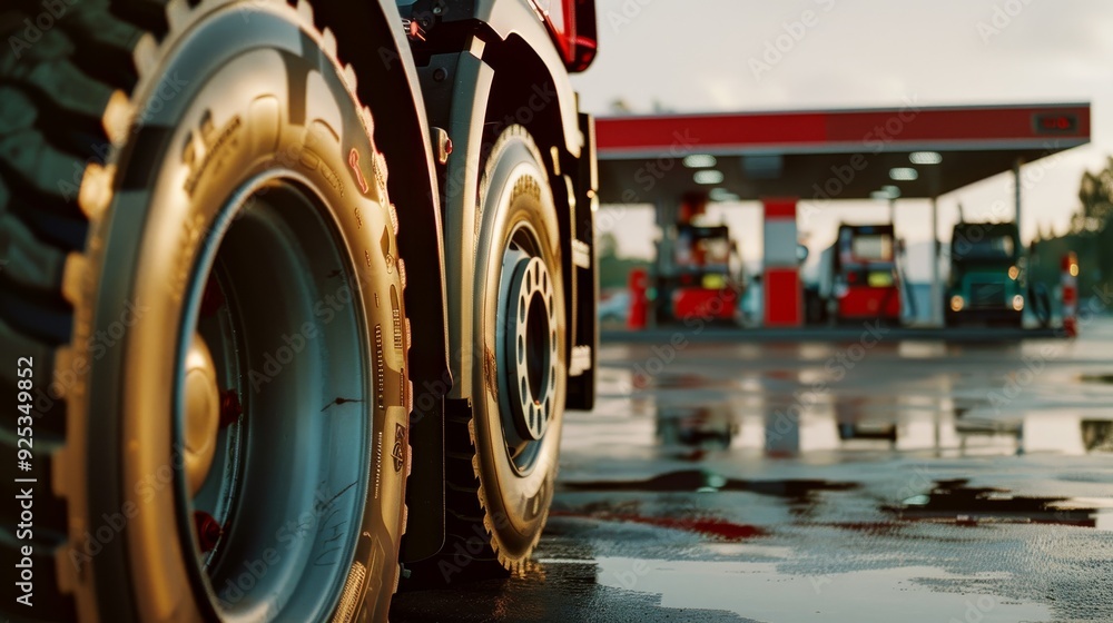 The close-up view of truck tires with a wet road and a gas station in the background. The close-up view of truck tires with a wet road and a gas station in the background.