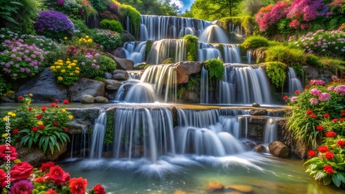 A cascading waterfall surrounded by lush greenery and colorful flowers