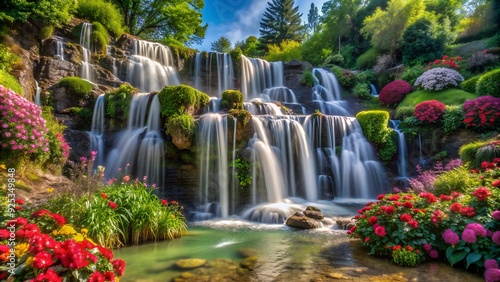 A cascading waterfall surrounded by lush greenery and colorful flowers