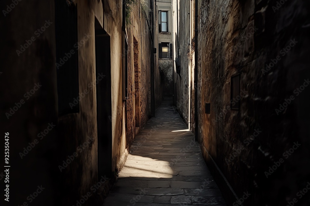 Anxiety: A tight, narrow alleyway with high walls closing in, shadows lurking around every corner Anxiety: A tight, narrow alleyway with high walls closing in, shadows lurking around every corner