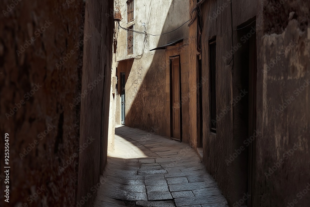 Obraz premium Anxiety: A tight, narrow alleyway with high walls closing in, shadows lurking around every corner