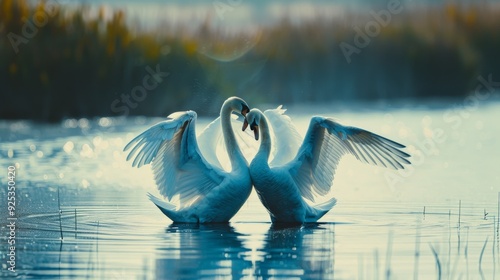 Fototapeta Naklejka Na Ścianę i Meble -  Two swans mirror each other perfectly on a crystalline lake, their wings partially raised, creating an elegant, heartwarming moment of connection.