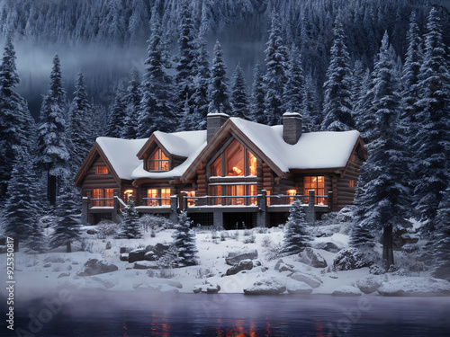 Cozy Winter Retreat: Log Cabin in Snowy Forest photo