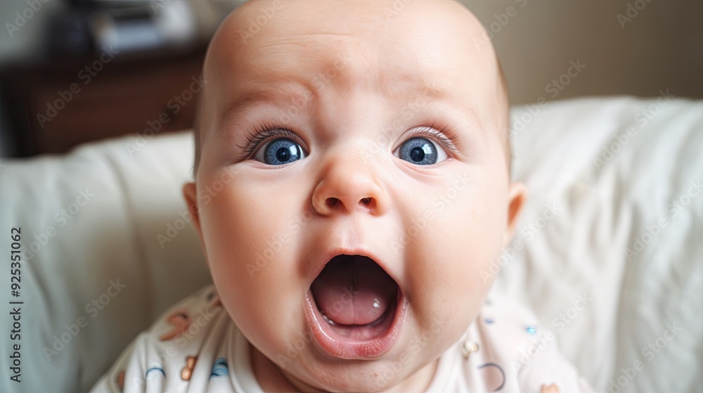 a baby with a big open mouth, revealing its teeth, and blue eyes. a baby with a big open mouth, revealing its teeth, and blue eyes.