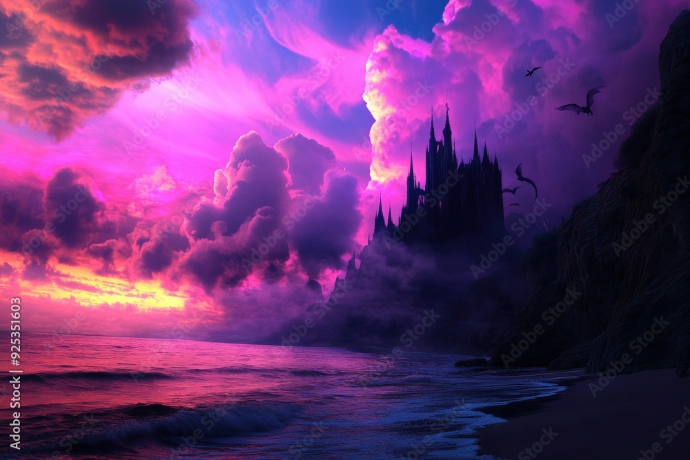 custom made wallpaper toronto digitalA mystical castle emerges from the shadows, surrounded by flying dragons and shrouded in the vibrant hues of a sunset sky, creating a scene of magic and legend.