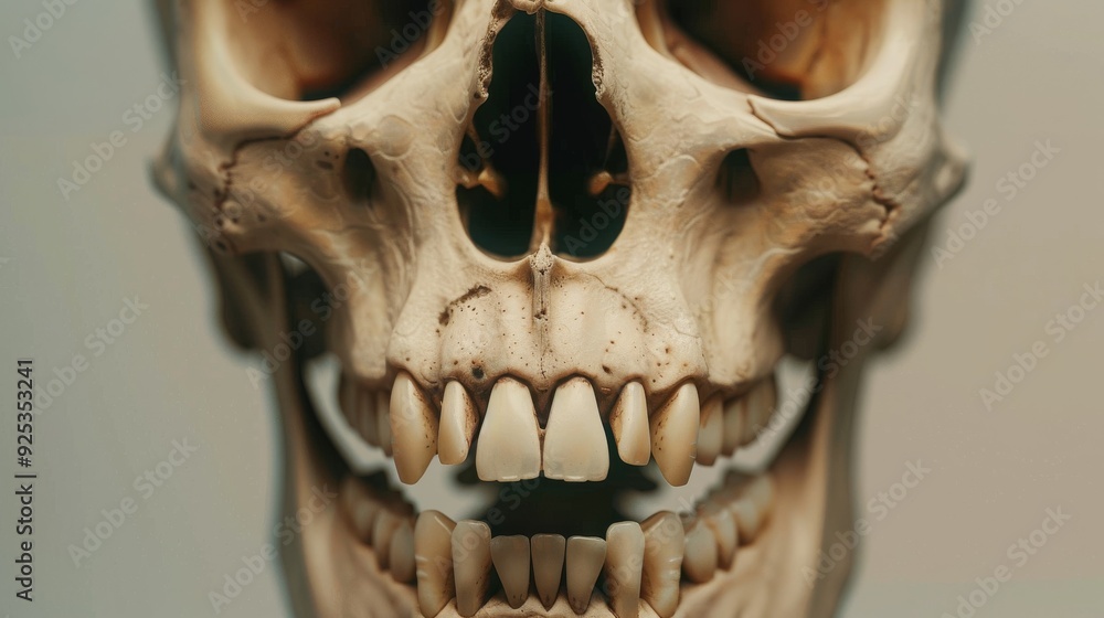 Obraz premium A close-up of a human skull, meticulously captured to show bone structure and details, evoking themes of mortality and anatomy.