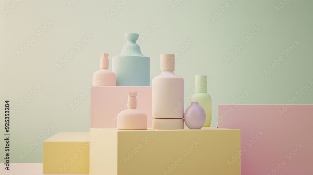 A pastel-colored arrangement of bottles and vases atop geometric shapes, set against a soft pastel backdrop, evoking a sense of tranquility and minimalism. A pastel-colored arrangement of bottles and vases atop geometric shapes, set against a soft pastel backdrop, evoking a sense of tranquility and minimalism.