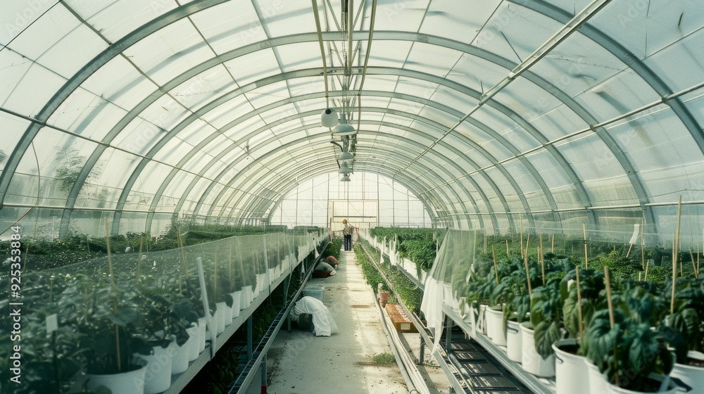 A lush, well-organized greenhouse teeming with rows of thriving plants, the light filtering gently through the glass. A lush, well-organized greenhouse teeming with rows of thriving plants, the light filtering gently through the glass.