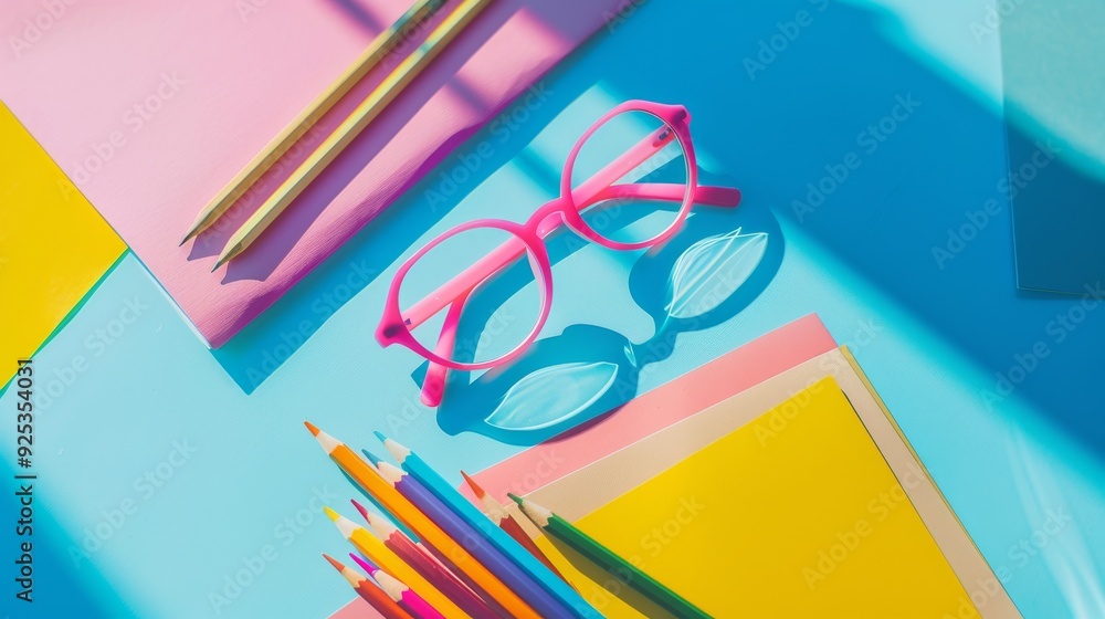 Vibrant pink eyeglasses rest on colorful papers and pencils, capturing a lively, creative atmosphere perfect for artistic and academic activities. Vibrant pink eyeglasses rest on colorful papers and pencils, capturing a lively, creative atmosphere perfect for artistic and academic activities.