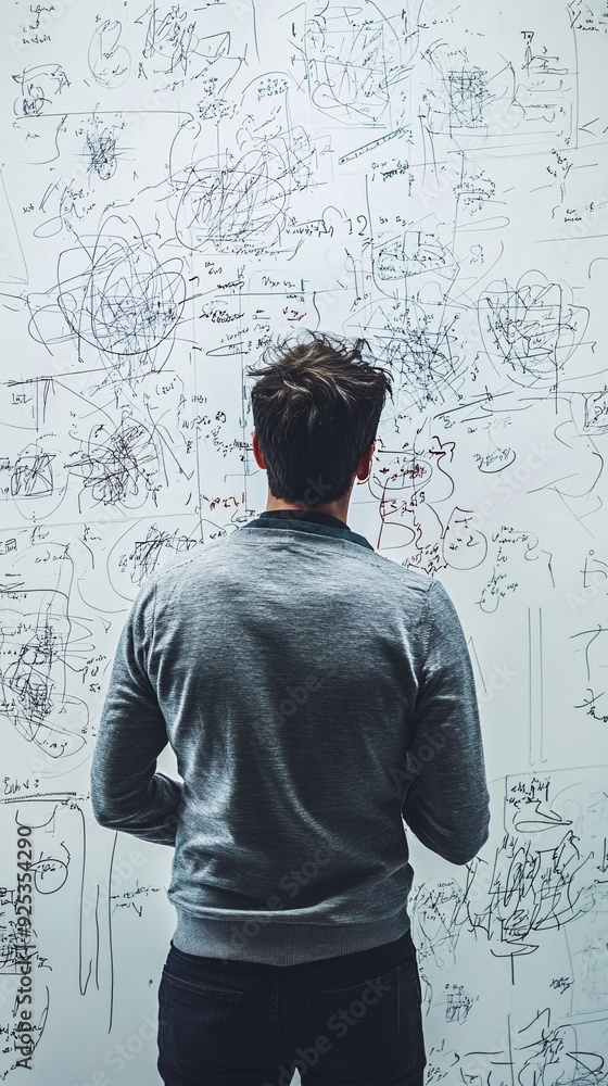 An AI engineer deep in thought, sketching out complex neural network designs on a whiteboard