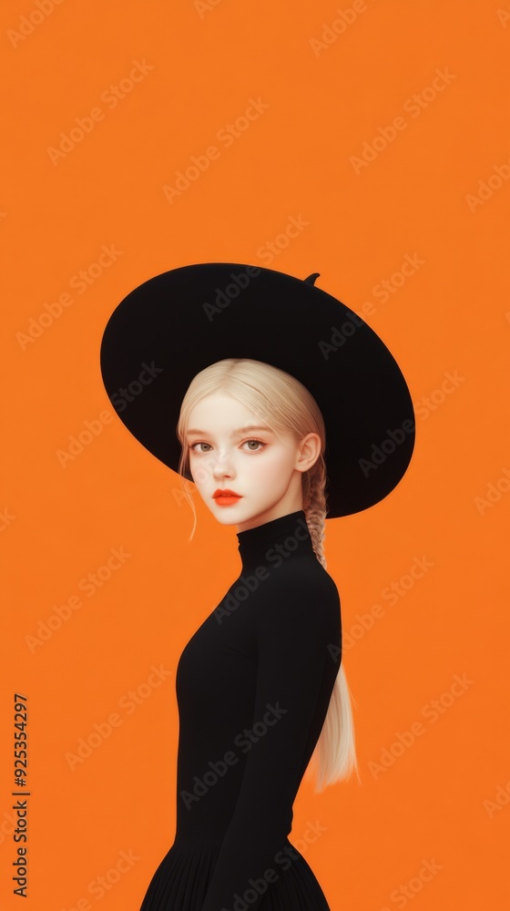 Witch in a black hat on an orange background. Stylish image of a witch in a black hat on a vibrant orange background. Perfect for Halloween, holiday cards, and themed designs. Witch in a black hat on an orange background. Stylish image of a witch in a black hat on a vibrant orange background. Perfect for Halloween, holiday cards, and themed designs.