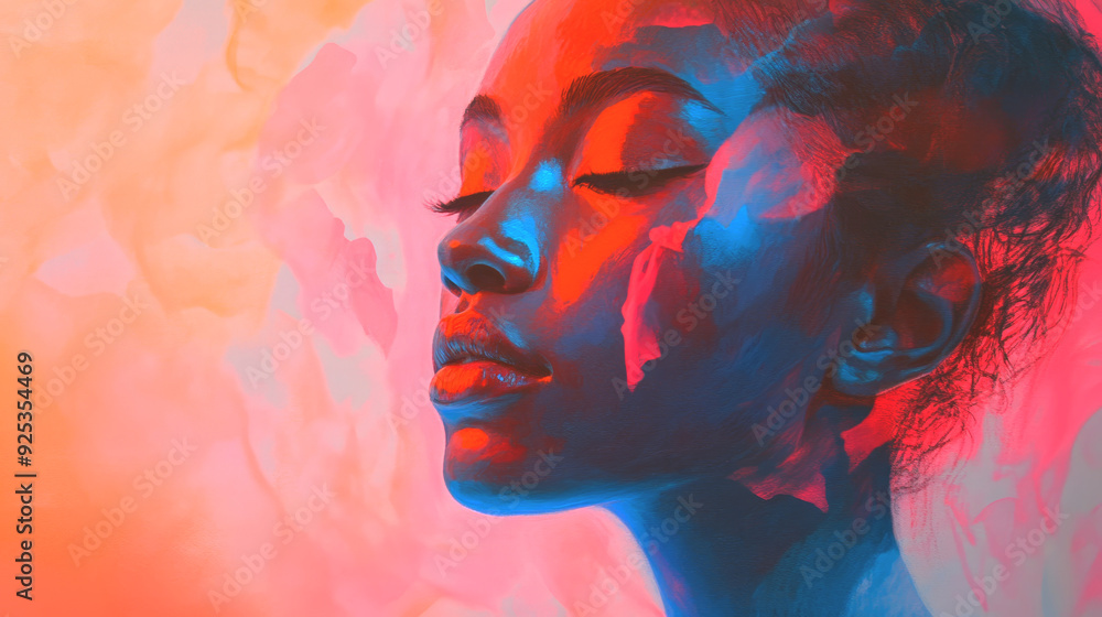 A surreal artistic image of a woman's face painted in vibrant blue and red tones, blending seamlessly with a textured background A surreal artistic image of a woman's face painted in vibrant blue and red tones, blending seamlessly with a textured background
