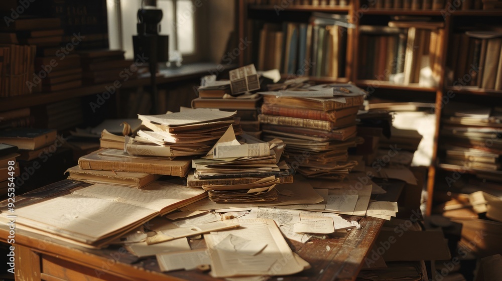 Obraz premium A cluttered wooden desk in a dimly lit library, piled high with old books and scattered papers, capturing an atmosphere of scholarly chaos.