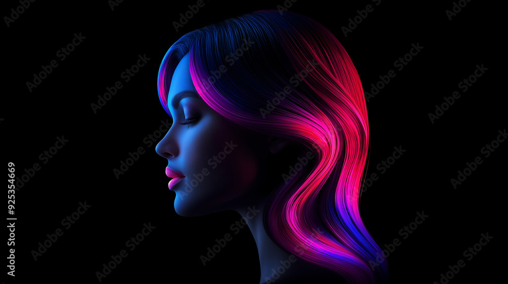 Neon Woman: Beautiful Woman with Neon-Colored Hair in Pink and Blue Gradient on Black Background, Hyper-Realistic Cinematic Profile View Neon Woman: Beautiful Woman with Neon-Colored Hair in Pink and Blue Gradient on Black Background, Hyper-Realistic Cinematic Profile View