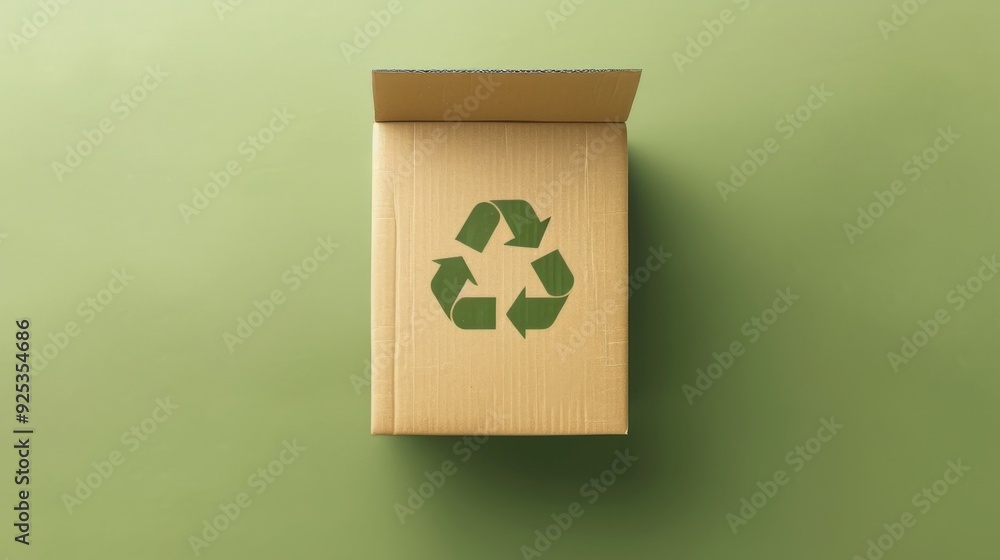 A cardboard box with a bold green recycling symbol on its top, set against a green background, promoting sustainability and eco-friendliness. A cardboard box with a bold green recycling symbol on its top, set against a green background, promoting sustainability and eco-friendliness.