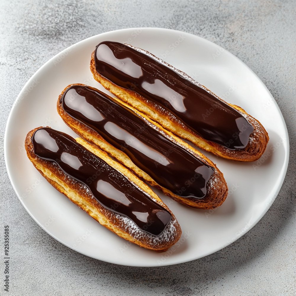 Three chocolate eclairs on a white plate. Three chocolate eclairs on a white plate.
