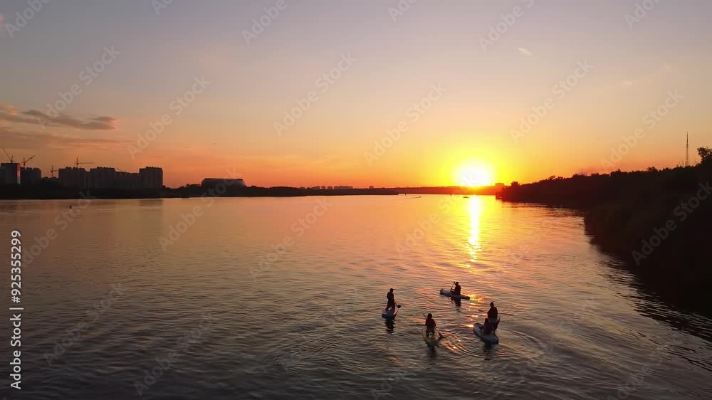 Group of friends on the water simultaneously rowing the oars on the SAP Board Group of friends on the water simultaneously rowing the oars on the SAP Board