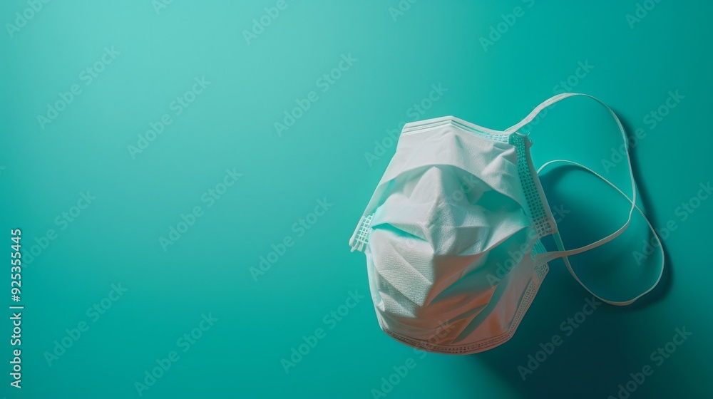 A solitary surgical mask is carefully arranged on a teal background, conveying a sense of duty, protection, and the enduring impact of healthcare practices. A solitary surgical mask is carefully arranged on a teal background, conveying a sense of duty, protection, and the enduring impact of healthcare practices.