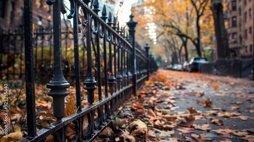 A wrought-iron fence around a city park, with leaves scattered on the ground, indicating the arrival of fall.