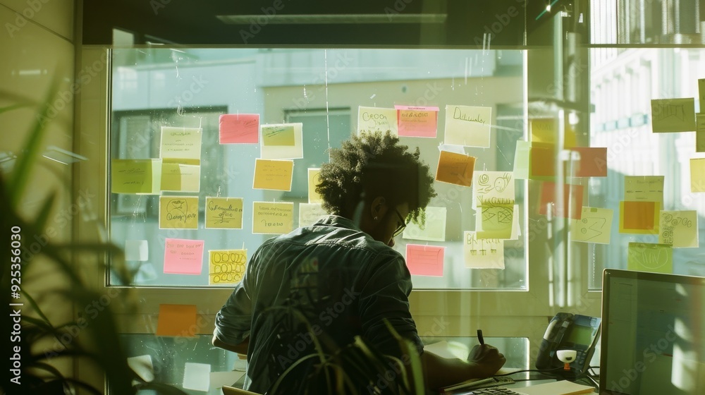 A person sits at a desk against a window covered in colorful post-it notes, deeply engrossed in work, embodying creativity and meticulous planning. A person sits at a desk against a window covered in colorful post-it notes, deeply engrossed in work, embodying creativity and meticulous planning.