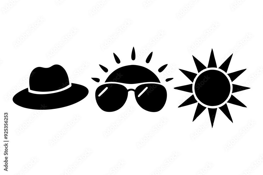 Sun and Weather Icons Sun's, sunglasses, sun hats, clear sky, sunblock. art vector illustration Sun and Weather Icons Sun's, sunglasses, sun hats, clear sky, sunblock. art vector illustration