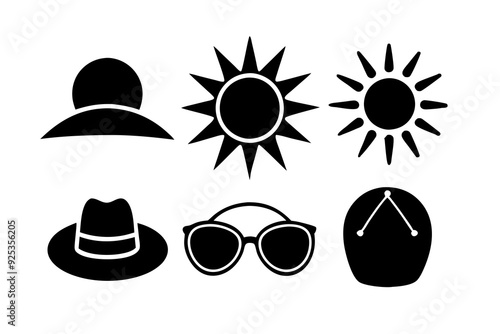 Sun and Weather Icons Sun's, sunglasses, sun hats, clear sky, sunblock. art vector illustration