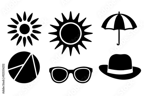 Sun and Weather Icons Sun's, sunglasses, sun hats, clear sky, sunblock. art vector illustration