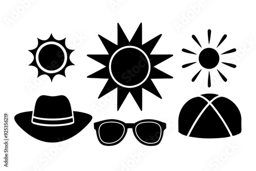 Sun and Weather Icons Sun's, sunglasses, sun hats, clear sky, sunblock. art vector illustration