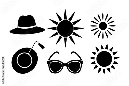 Sun and Weather Icons Sun's, sunglasses, sun hats, clear sky, sunblock. art vector illustration