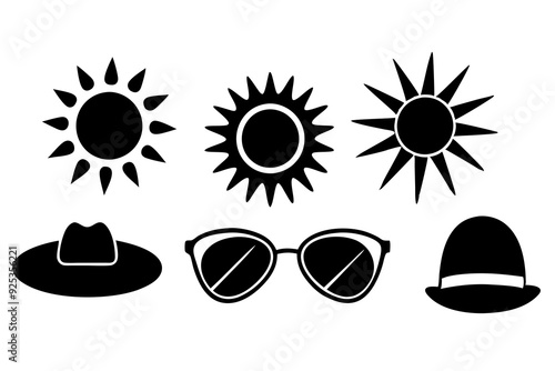 Sun and Weather Icons Sun's, sunglasses, sun hats, clear sky, sunblock. art vector illustration