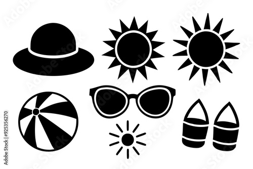 Sun and Weather Icons Sun's, sunglasses, sun hats, clear sky, sunblock. art vector illustration