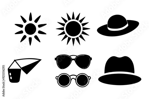 Sun and Weather Icons Sun's, sunglasses, sun hats, clear sky, sunblock. art vector illustration