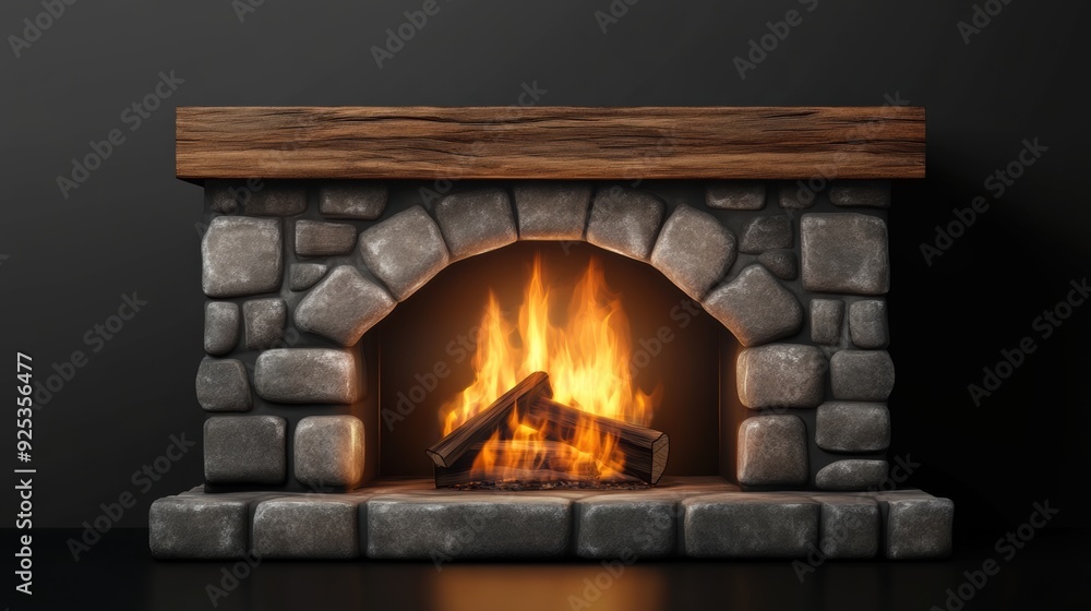 Naklejka premium A stone fireplace with a fire burning inside it, AI