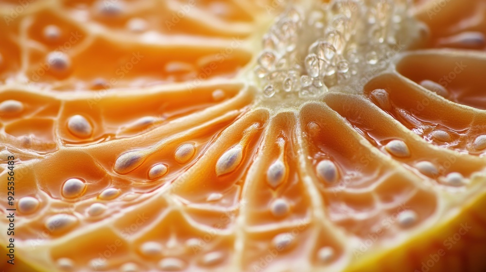 Close-up of an Orange Slice with Seeds and Juicy Texture Close-up of an Orange Slice with Seeds and Juicy Texture