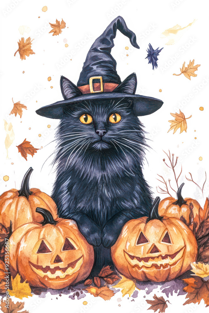 Cute black cat in a witch hat surrounded by jack-o'-lanterns and autumn leaves, perfect for Halloween illustration Cute black cat in a witch hat surrounded by jack-o'-lanterns and autumn leaves, perfect for Halloween illustration