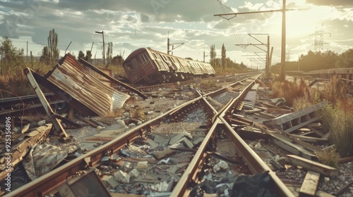 An abandoned train lies derailed among twisted tracks and debris under a dramatic sky, symbolizing devastation and the passage of time in a post-apocalyptic setting.