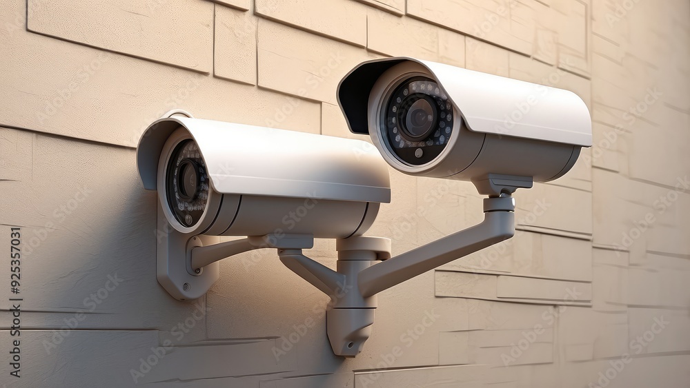 3D render of a security camera on a wall. 3D render of a security camera on a wall.