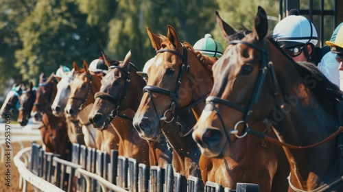 Horses lined up at the starting gate, ready to burst into action as the race is about to begin.