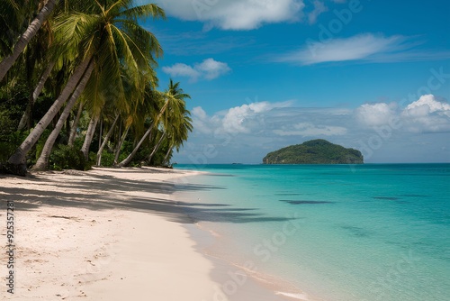 Sandy tropical beach with island on background, madives serene tropical beach with palm trees, clear blue ocean, and soft sandy shores under a bright sunny sky, perfect for a vacation summer relaxing. photo