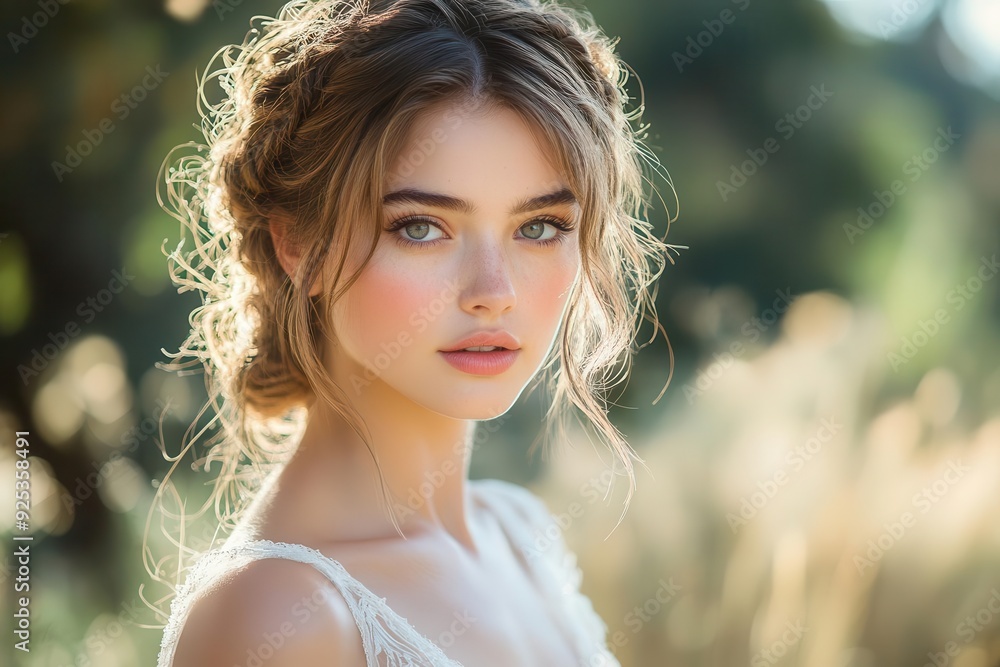 ethereal bride with intricate braided hairstyle stands in dappled sunlight soft focus on delicate features creating dreamy atmosphere with bokeh effect in background ethereal bride with intricate braided hairstyle stands in dappled sunlight soft focus on delicate features creating dreamy atmosphere with bokeh effect in background
