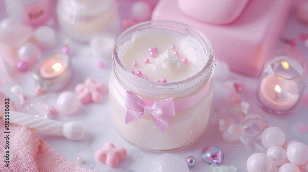 A delicate jar of creamy beauty product adorned with pink pearls and flowers sits on a pastel background with candles and decorative objects. A delicate jar of creamy beauty product adorned with pink pearls and flowers sits on a pastel background with candles and decorative objects.