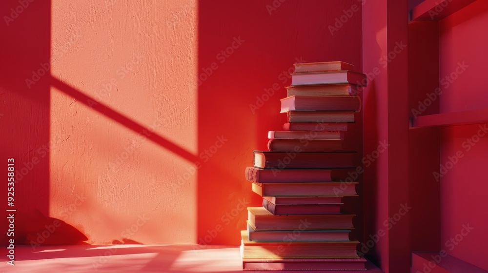A stack of books against a brightly lit red wall creates a stark and vibrant composition. A stack of books against a brightly lit red wall creates a stark and vibrant composition.