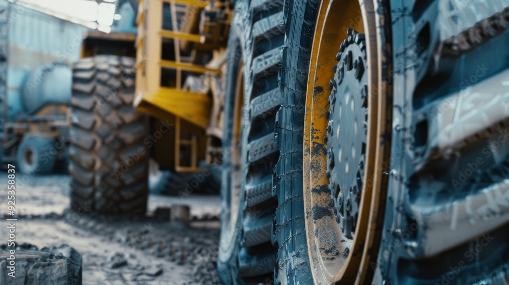 Fototapeta premium Close-up of large industrial tires, covered in mud and dust, highlighting their robust design and heavy-duty use.