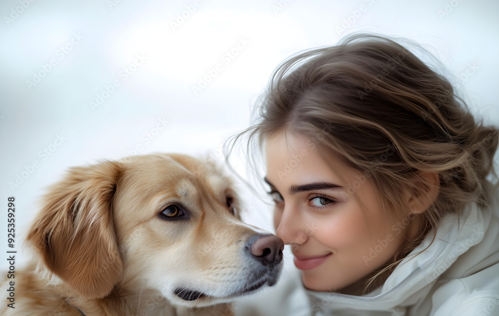Young girl with a labrador dog on a b background Young girl with a labrador dog on a b background